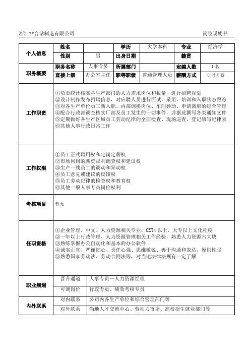 PZGLI007-品质管理-人事专员岗位说明书