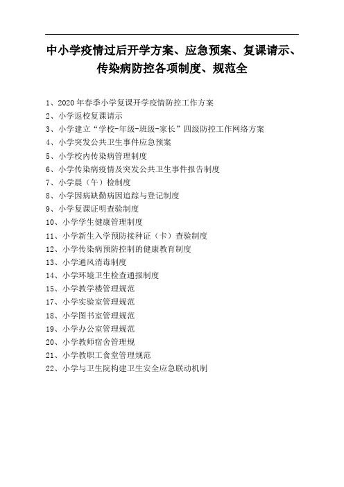 2020年中小学疫情过后返校复课开学方案、应急预案、复课请示、传染病防控各项制度、规范全.doc