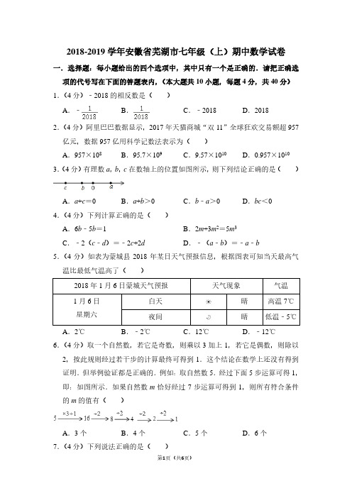 2018-2019学年安徽省芜湖市七年级(上)期中数学试卷