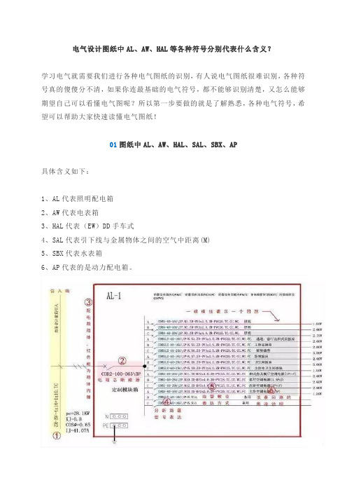 电气设计图纸中AL、AW、HAL等各种符号分别代表什么含义？