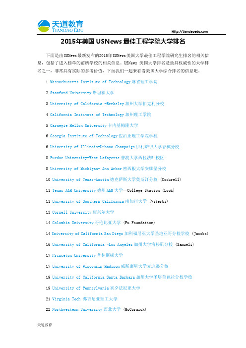 【天道独家】2015年美国USNews最佳工程学院大学排名