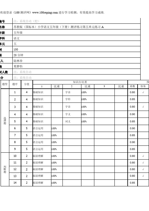 100测评网_第五单元 A卷小五语文下学期