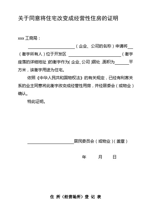 关于同意将住宅改变成经营场所的证明(模板多份)