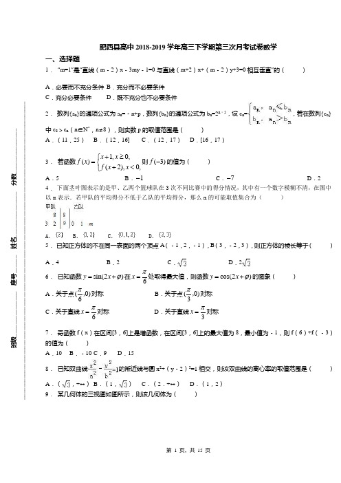 肥西县高中2018-2019学年高三下学期第三次月考试卷数学