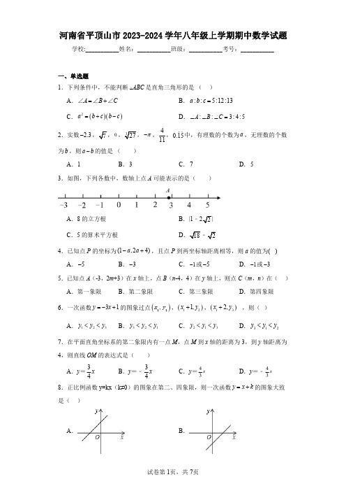 河南省平顶山市2023-2024学年八年级上学期期中数学试题