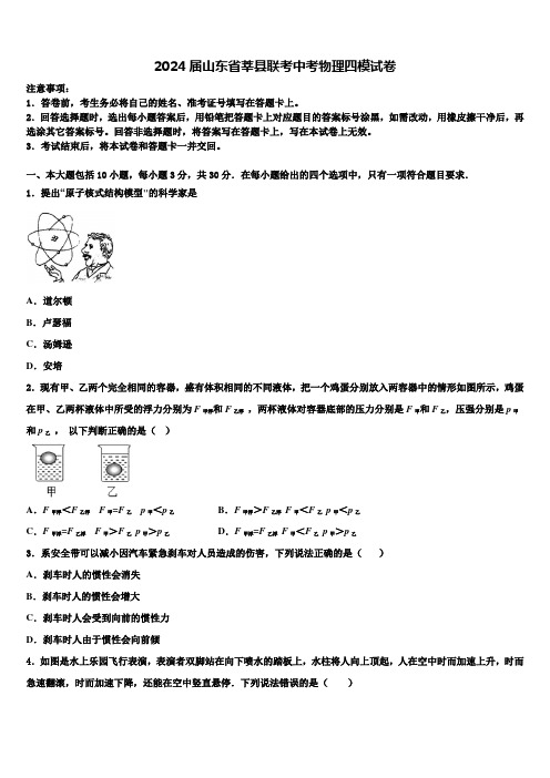 2024届山东省莘县联考中考物理四模试卷含解析