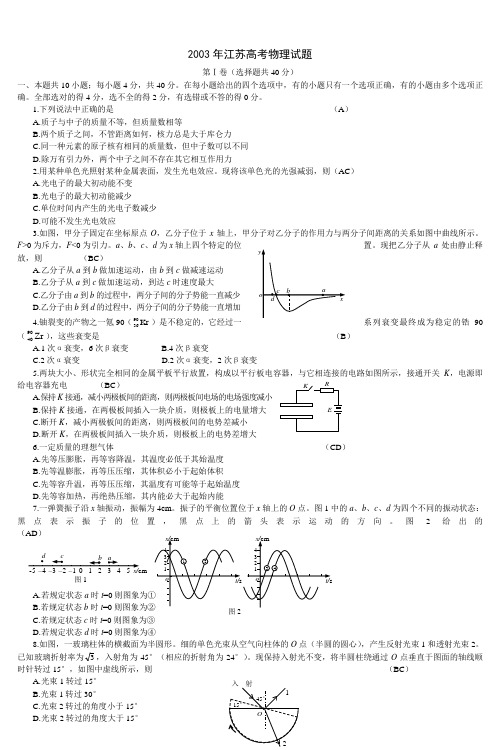 2003年江苏高考物理试题