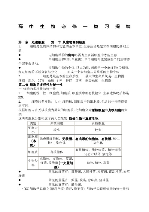 高一生物必修一复习提纲 完整版 