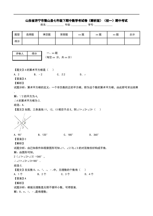 山东省济宁市微山县七年级下期中数学考试卷(解析版)(初一)期中考试.doc