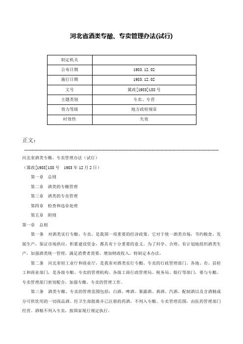 河北省酒类专酿、专卖管理办法(试行)-冀政[1983]188号_1