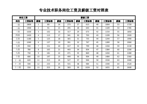 专业技术职务岗位工资及薪级工资对照表