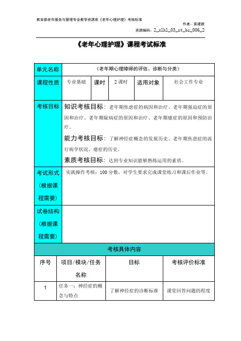 《老年心理护理》老年期神经症和癔症课程考试标准.