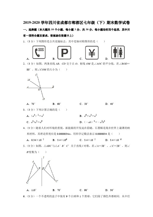 四川省成都市郫都区2019-2020学年七年级(下)期末考试数学试卷  解析版