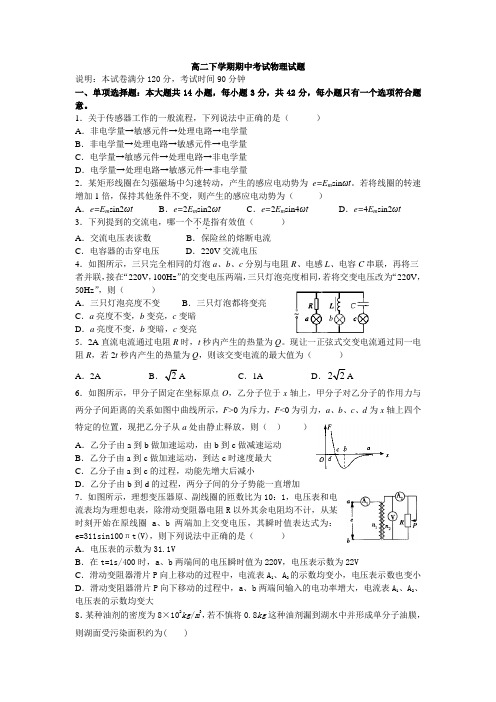 物理-江阴市五校2013-2014学年高二下学期期中联考物理试题