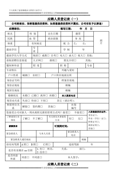 人事表格-应聘人员登记表