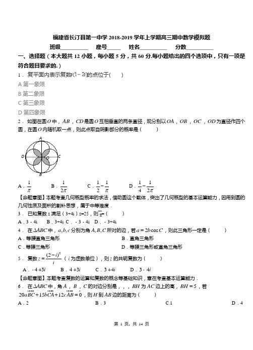 福建省长汀县第一中学2018-2019学年上学期高三期中数学模拟题