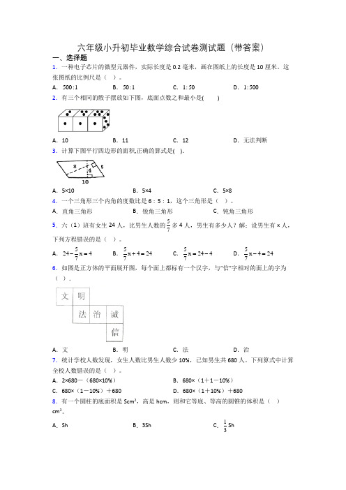 六年级小升初毕业数学综合试卷测试题(带答案)