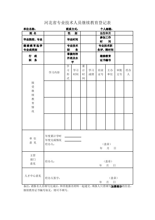 河北专业技术人员继续教育登记表