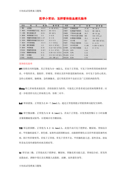 [小初高学习]七年级生物下册 4.4.1《流动的组织——血液》医学小常识：怎样看体检血液化验单素材