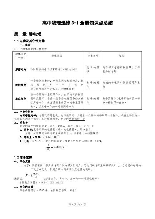 高中物理选修3-1全册知识点总结