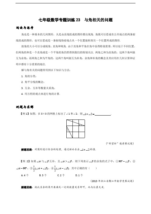 七年级数学专题训练23 与角相关的问题(附答案)