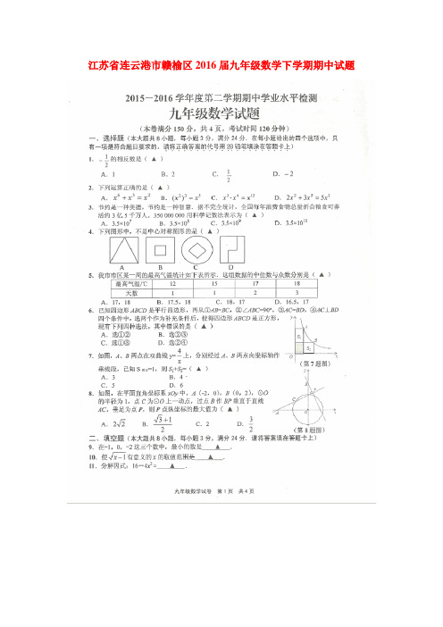 江苏省连云港市2016届九年级数学下册期中试题