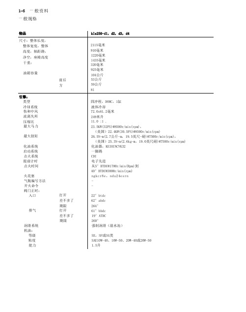 KLX250(化油器版)原厂维修手册--车辆参数-保养项目列表-常动螺丝扭力 中文翻译