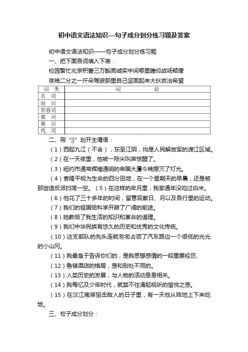 初中语文语法知识—句子成分划分练习题及答案