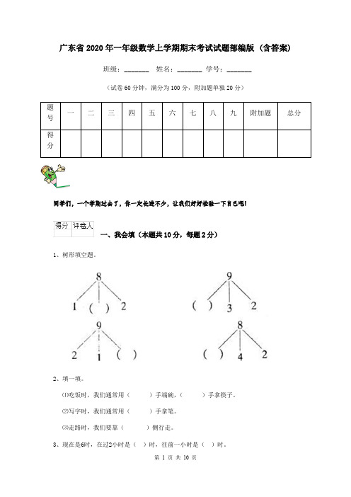 广东省2020年一年级数学上学期期末考试试题部编版 (含答案)