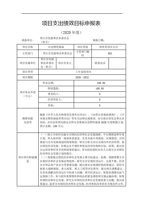 项目支出绩效目标申报表