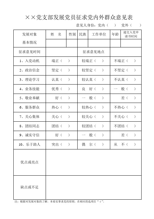 支部发展党员征求党内外群众意见表