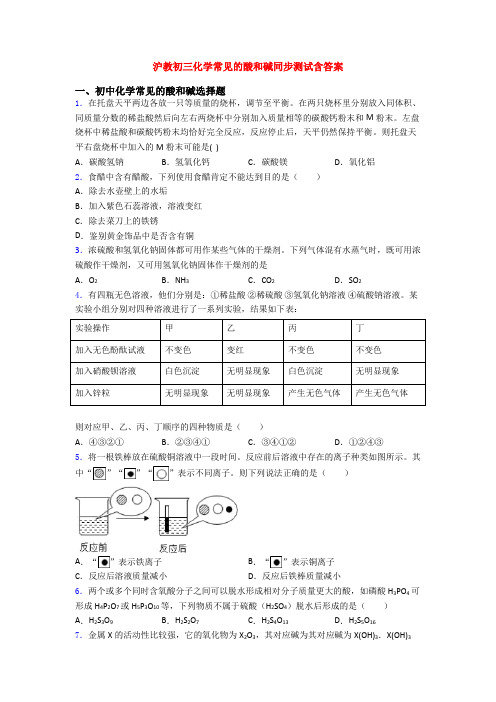 沪教初三化学常见的酸和碱同步测试含答案