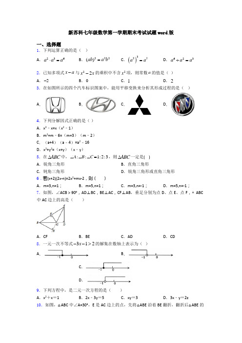 新苏科七年级数学第一学期期末考试试题word版