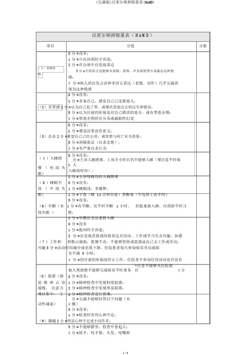 (完整版)汉密尔顿抑郁量表(HAMD)