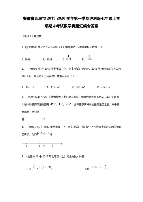 安徽省合肥市2019-2020学年第一学期沪科版七年级上学期期末考试数学真题汇编含答案