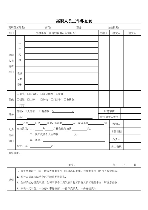 离职人员工作交接表