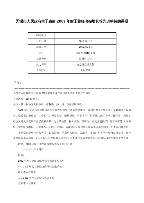 无锡市人民政府关于表彰2009年度工业经济保增长等先进单位的通报-锡政发[2010]9号