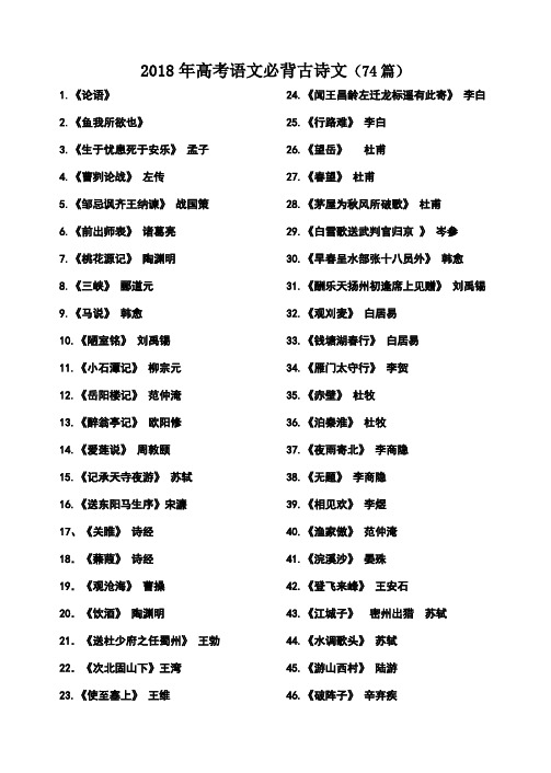 2018年高考语文必背古诗文