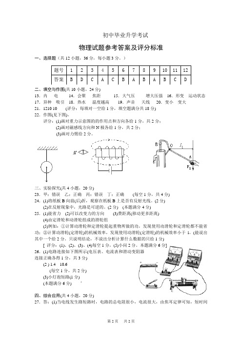 玉林市、防城港市初中毕业升学考试物理试题及答案 物理试题参考答案及评分标准