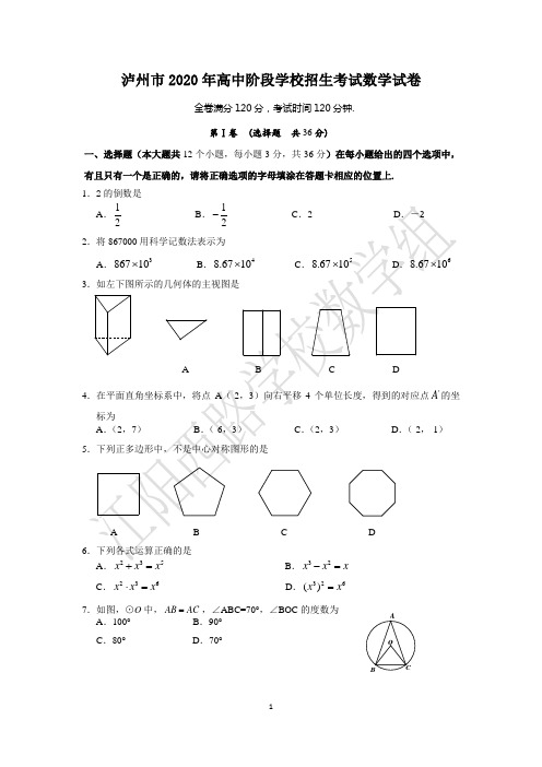 2020泸州中考数学试题及参考答案