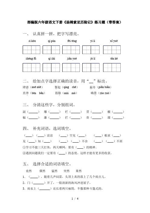 部编版六年级语文下册《汤姆索亚历险记》练习题(带答案)