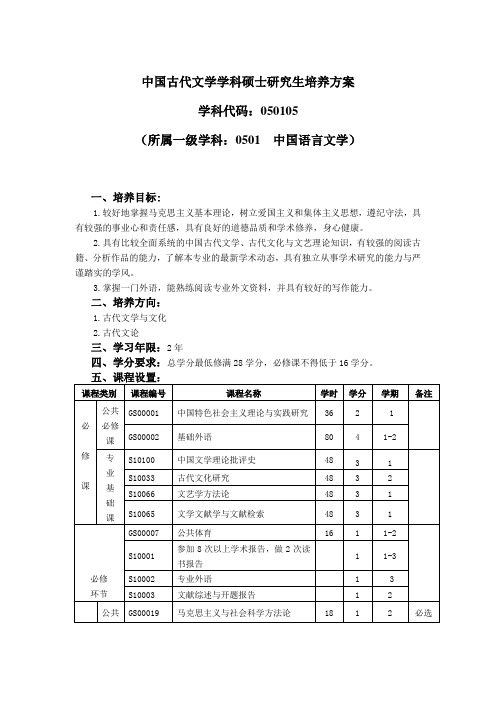 古代文学学科硕士研究生培养方案