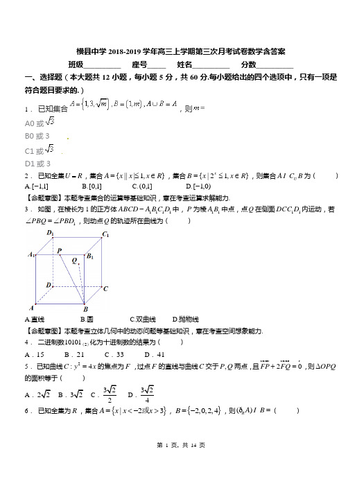 横县中学2018-2019学年高三上学期第三次月考试卷数学含答案