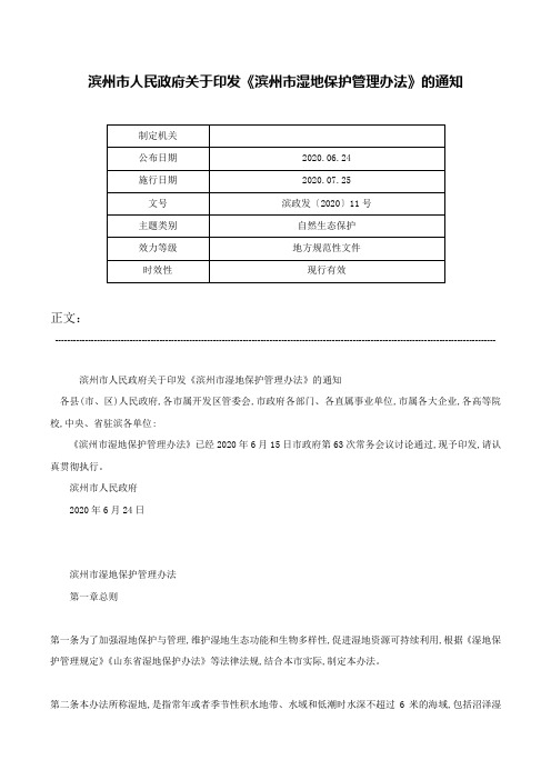 滨州市人民政府关于印发《滨州市湿地保护管理办法》的通知-滨政发〔2020〕11号