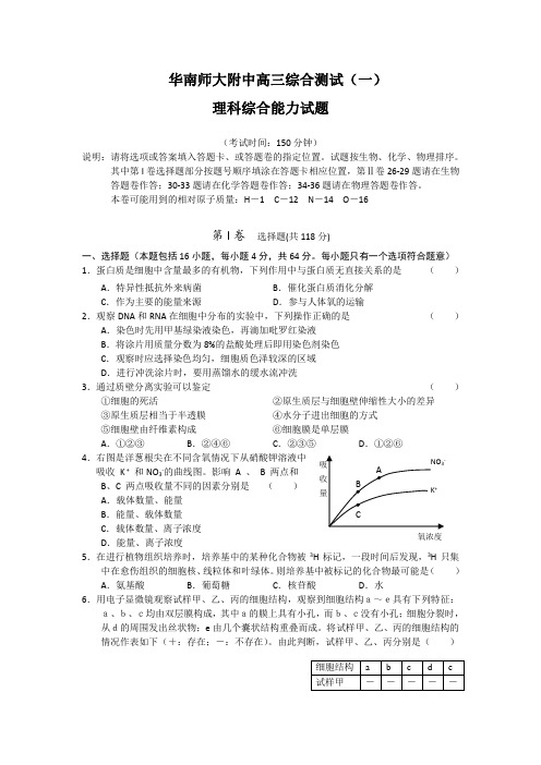 马心同-(华师附中)2010届高三综合测试(一)-理科综合试题及答案