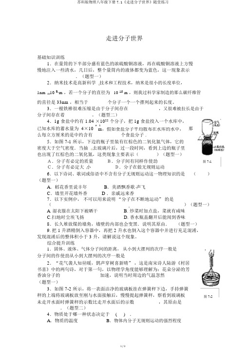 苏科版物理八年级下册7.1《走进分子世界》随堂练习