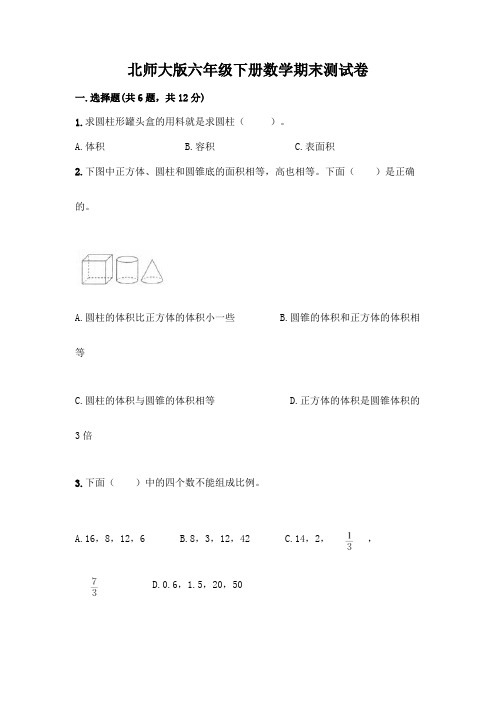 北师大版六年级下册数学期末测试卷附参考答案(A卷)