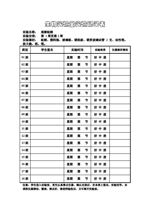 八年级上册---初中生物实验室使用记录册