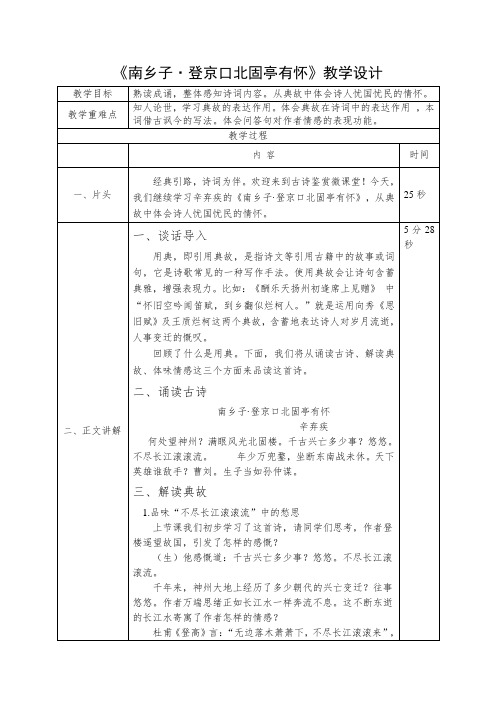 第24课《诗词曲五首：南乡子 登京口北固亭有怀》教学设计 统编版语文九年级下册