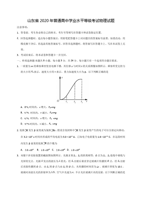 山东省2020年普通高中学业水平等级考试物理试题【含答案】